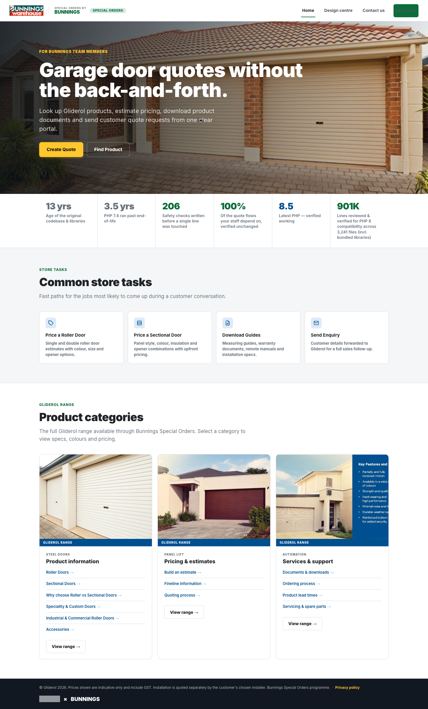 Refreshed portal home page — photo hero, Gliderol & Bunnings co-branding, stat strip