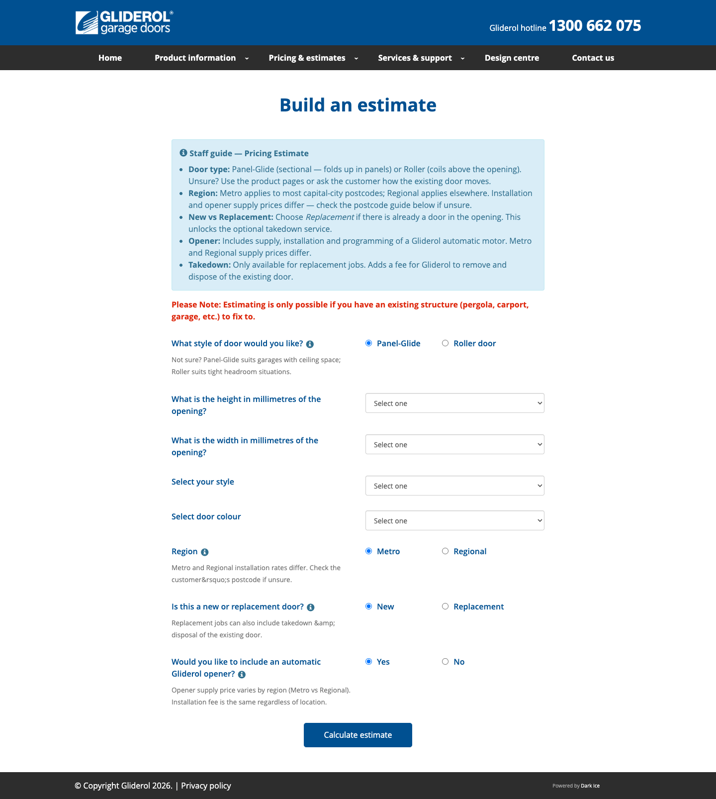 Current pricing & estimate page — long single-page form, no live price feedback
